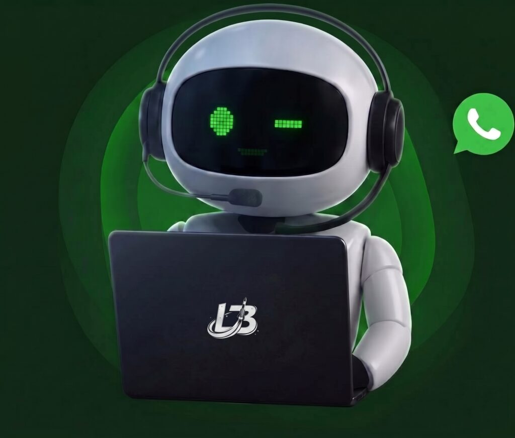 Robo assistente da Lets Three representando o agente de IA que atende no WhatsApp