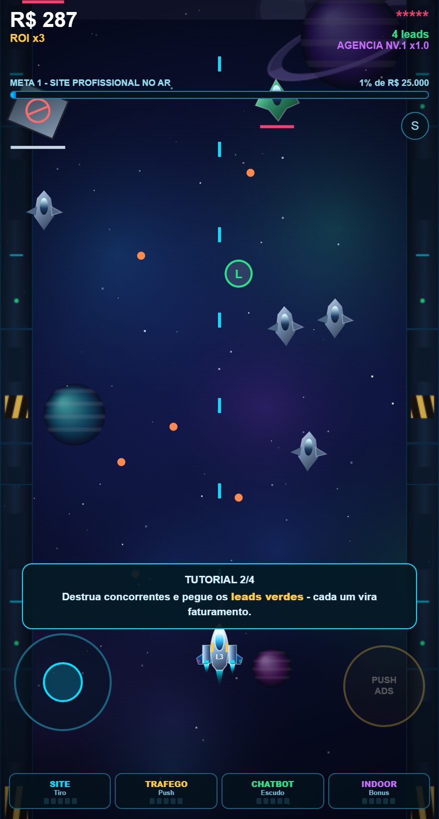 Tela do L3 Growth Rush: nave da Lets Three captando leads em orbita
